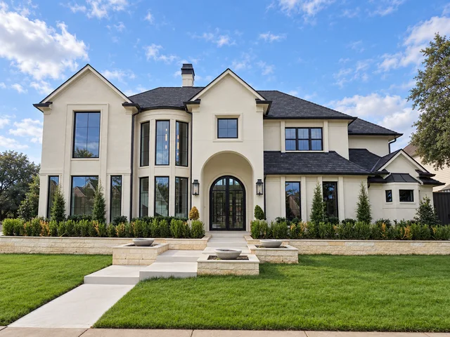 Front view of a cream-colored two-story home with dark-framed windows, a projecting window bay and an arched entry.
