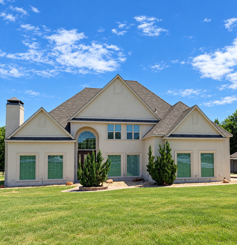 A light-brick home with multiple gables, six lower windows, and a tall arched entry window.