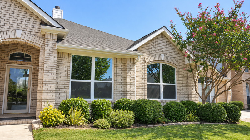 White-framed rectangular and arched window pairs in a landscaped light-brick exterior.